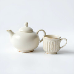 Set of electric kettle and mug cup for making hot beverage such as coffee or tea which is prepared in wooden tray and placed on the breakfast mini bar.