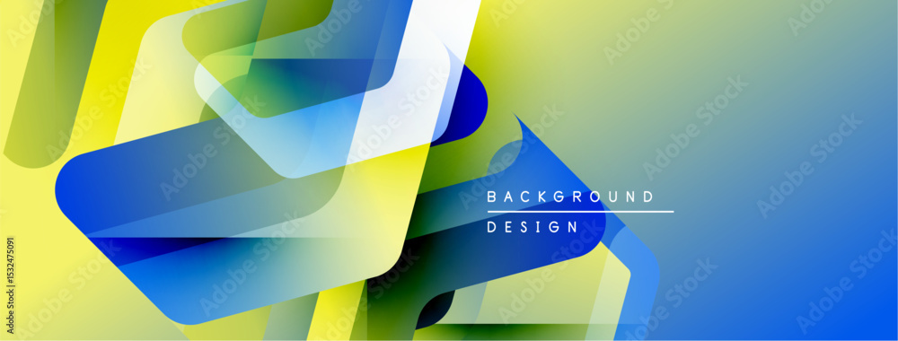 Poster abstract geometric shapes overlap, creating vibrant color gradients. yellows, blues, greens blend sm