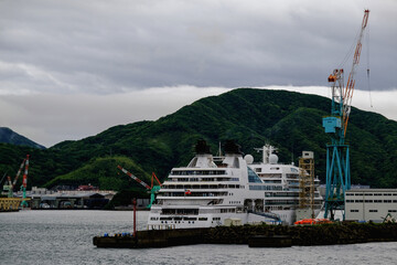 Modern ultra luxury cruise ship cruiseship liner Ocean Fuji in dry dock maintenance modernization...