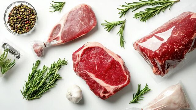 Fresh beef packaging and herb garnish: sequential vacuumsealing process
