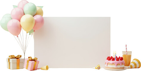 Pastel Balloons Gifts Cake and Blank Sign Birthday Party Scene celebration