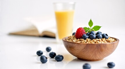 Healthy Breakfast Bowl: A rustic wooden bowl brimming with granola, blueberries, and a raspberry, garnished with fresh mint, sits beside a glass of orange juice and an open book.