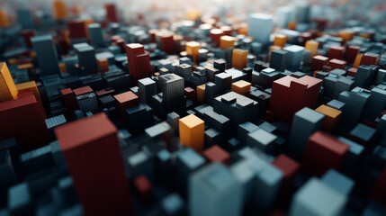 Fototapeta premium Abstract 3D geometric cityscape with colorful blocks and grid textures