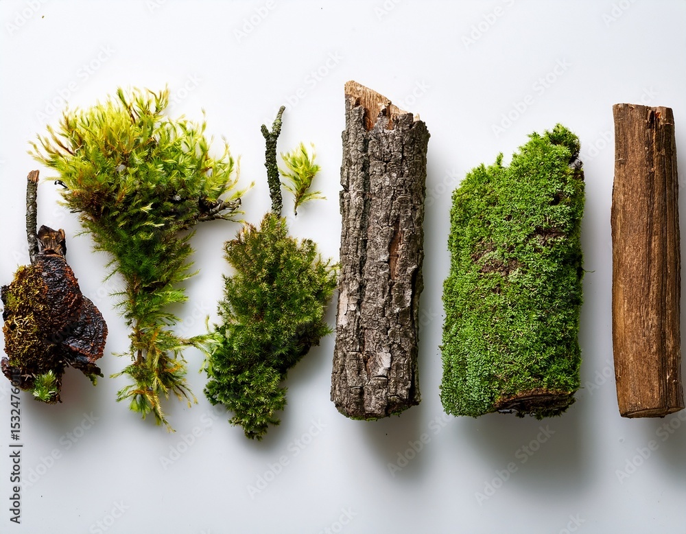 Poster row of various moss and bark pieces on a white background showcasing natural textures and growth pat