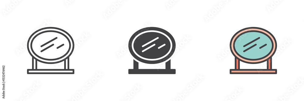 Poster vanity mirror icon set in line, solid and filled outline style
