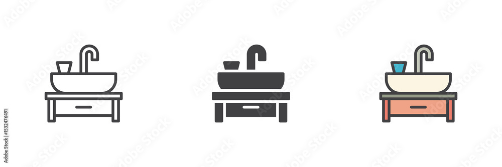 Poster sink with cabinet icon set in line, solid and filled outline style