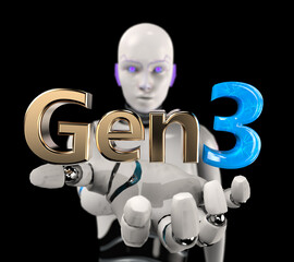 A futuristic humanoid robot holding the Gen 3 text, symbolizing the third generation of artificial intelligence and the evolution of advanced technology.