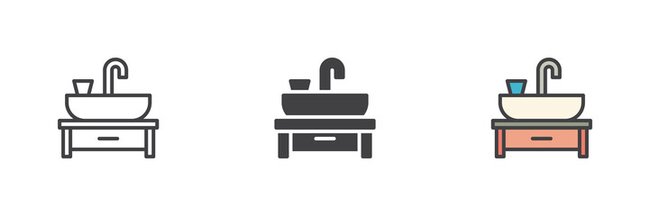 Sink with cabinet icon set in line, solid and filled outline style