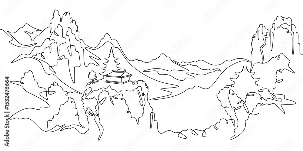 Poster continuous one line drawing temple in the mountains. church on a rocky cliff. religious building aga