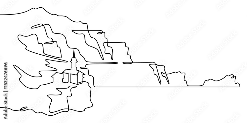 Poster continuous one line drawing temple in the mountains. church on a rocky cliff. religious building aga
