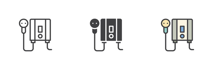 Hair dryer icon set in line, solid and filled outline style