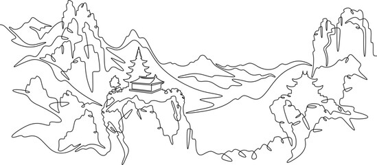 Continuous one line drawing temple in the mountains. Church on a rocky cliff. Religious building against the backdrop of nature. One continuous line isolated minimal illustration.Not AI.
