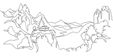 Continuous one line drawing temple in the mountains. Church on a rocky cliff. Religious building against the backdrop of nature. One continuous line isolated minimal illustration.Not AI.