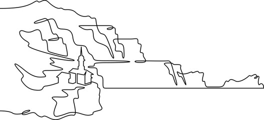 Continuous one line drawing temple in the mountains. Church on a rocky cliff. Religious building against the backdrop of nature. One continuous line isolated minimal illustration.Not AI.