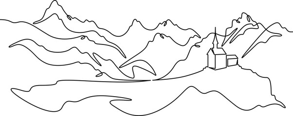 Continuous one line drawing temple in the mountains. Church on a rocky cliff. Religious building against the backdrop of nature. One continuous line isolated minimal illustration.Not AI.