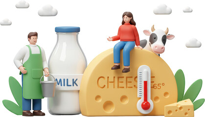 3D illustration Milk bottle cheese wedge farmer girl cow and thermometer