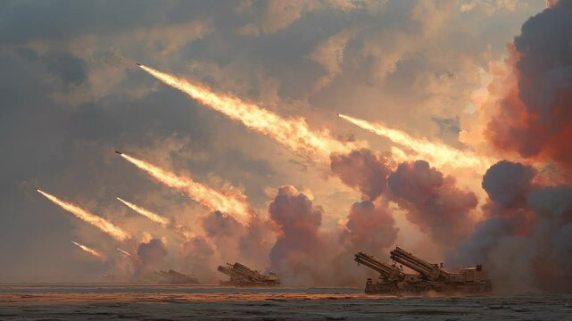Multiple Rocket Launchers Firing Missiles Against Dramatic Sky, Military Artillery in Action, Modern Warfare, Defense Technology and Power Demonstration