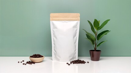 Coffee Bean Bag in Mockup: A modern and sleek, minimalist mockup showcasing a stylish coffee bean bag next to a potted plant and a small wooden bowl.