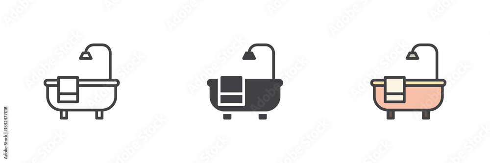 Poster bathtub icon set in line, solid and filled outline style