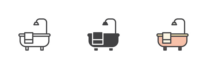 Bathtub icon set in line, solid and filled outline style