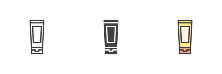 Toothpaste tube icon set in line, solid and filled outline style