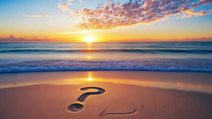 Sunset Beach Question Mark: A question mark etched in the wet sand on a tranquil beach at sunset, the waves gently lapping at the shore, evokes a sense of mystery and contemplation. - Powered by Adobe