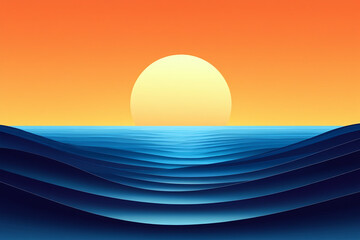 Sun and Sea with Stylized Waves at Sunset – Vibrant Summer Ocean Background Illustration