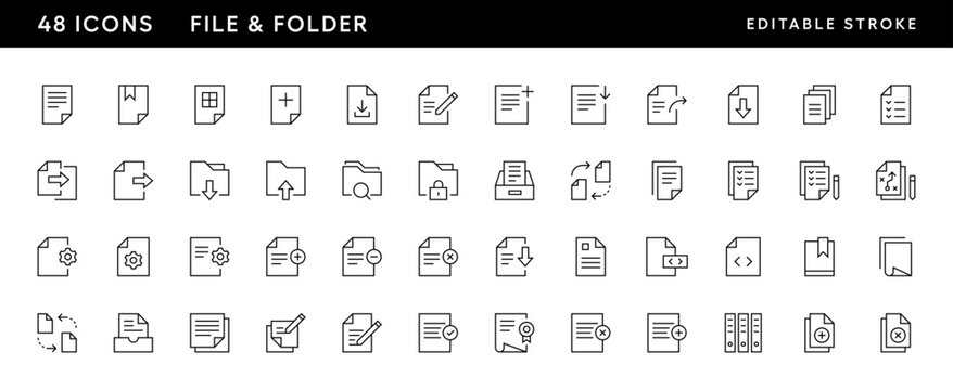 File and folder icon collection. Documents, page, paper, text, archive, attachment, edit, task and more. Editable stroke. Pixel Perfect. Grid base 32 x 32.