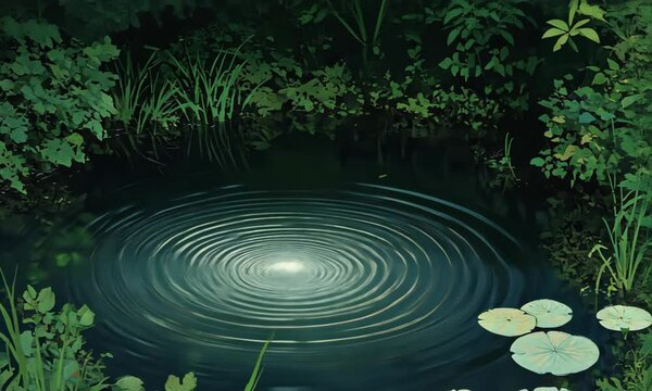 A serene pond with dark water, surrounded by lush green foliage. Water lilies float on the surface, and a gentle fountain creates ripples.
