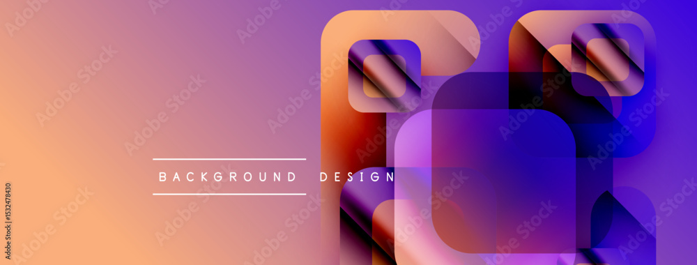 Poster Abstract gradient background. Overlapping squares create dynamic visual effect. Orange, purple hues dominate composition. Modern design element.