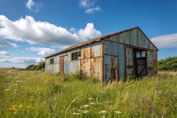 Obraz premium Rustic Metal Shed in Wildflower Meadow: Rural Landscape Photography, Weathered Building, Summer Scenery, Countryside View