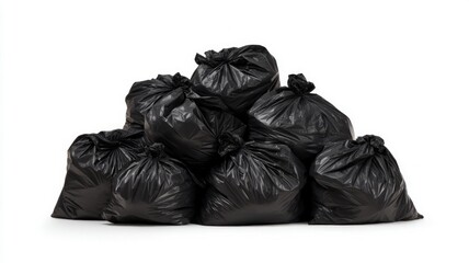 Pile of black garbage bags on white background. Neural network AI generated