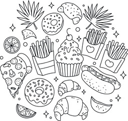Black and white line art illustration of junk food favorites for kids coloring page. This hand-drawn design includes pizza, fries, donuts, a cupcake, and croissants arranged in a fun circular pattern.