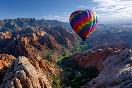Colorful hot air balloon glides over rugged mountain landscape at sunrise