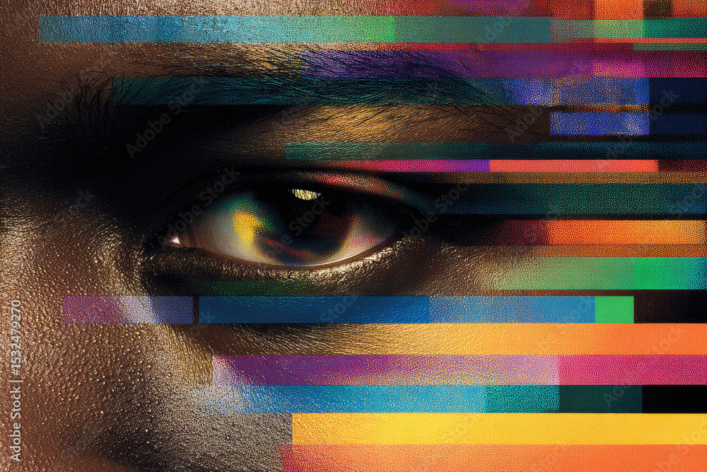 Poster digital abstract illustration features vibrant, colorful glare over one eye, creating striking and m