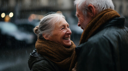 Senior couple sharing a joyful moment outdoors on a rainy city day
