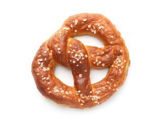 Tasty pretzel with salt isolated on white, top view