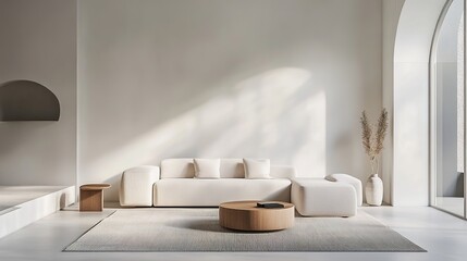 A minimalist living room with a white sectional sofa, wooden coffee table, neutral rug, and natural light from large arched windows.