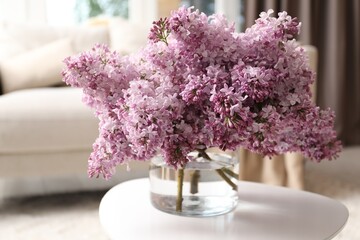 Beautiful lilac flowers in vase on table indoors