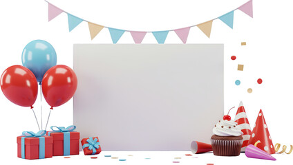 Festive Birthday Scene Blank Sign Balloons Gifts Cupcake and Party Hats