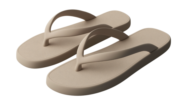 Simple 3D flip flops with smooth edges, soft beige tones, high quality render, PNG 