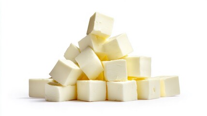 Stack of feta cheese cubes on white background. Neural network AI generated