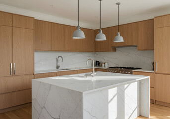 Modern Kitchen with Marble Countertop and Wood Cabinets
