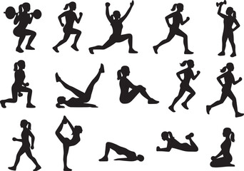 Set of 20 girl doing yoga black vector silhouette 