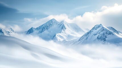 Snow-covered mountain peaks under a bright blue sky with soft clouds, showcasing a pristine winter landscape.