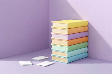 Colorful Books Stacked on Each Other Against Violet Wall With White Cards Nearby