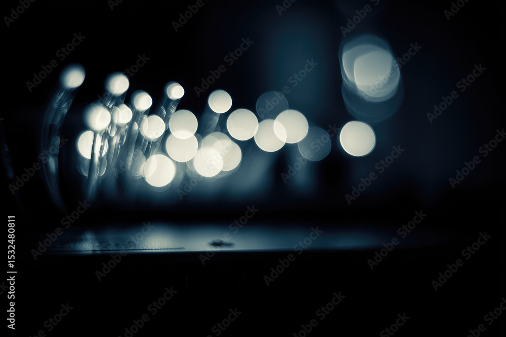 Poster soft focus photo captures blurred light signals blinking in dark, creating dreamy and abstract atmos