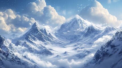 Snow-covered mountain peaks rise above a sea of clouds under a bright, partly cloudy sky with birds flying overhead.
