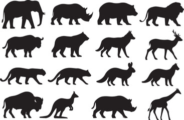 Set of 16 Wild Animals vector silhouette
