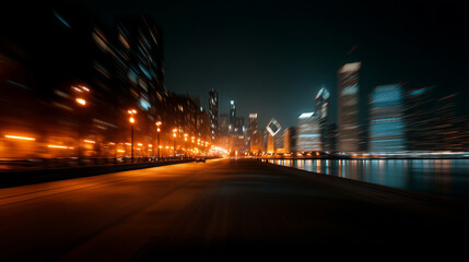 Cityscape at night with motion blur and bright lights